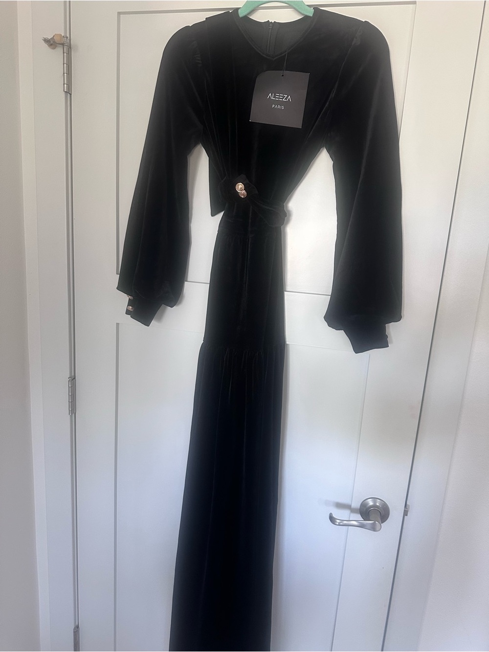 Alezza Paris Black Velvet Maxi Dress with Waist Knot